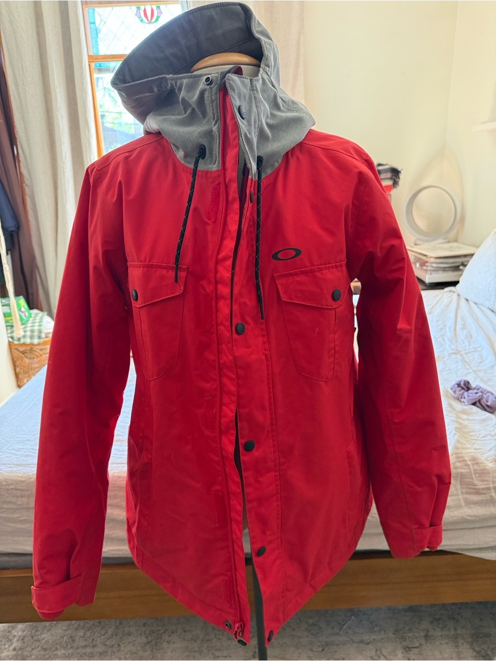 Oakley Men’s Red Hooded Raincoat with Gray Lined Hood